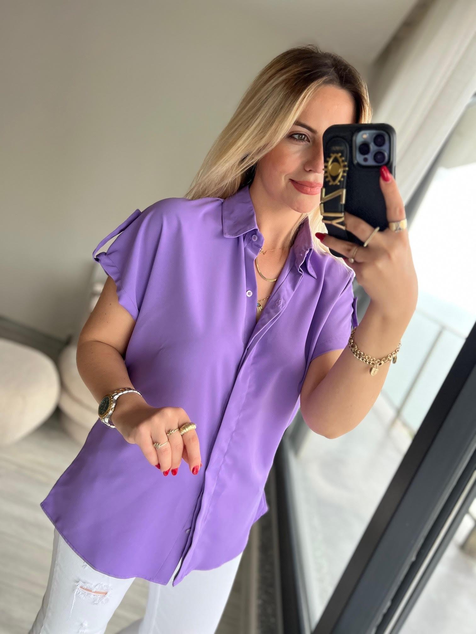 Kısa Kollu Saten Gömlek LİLA