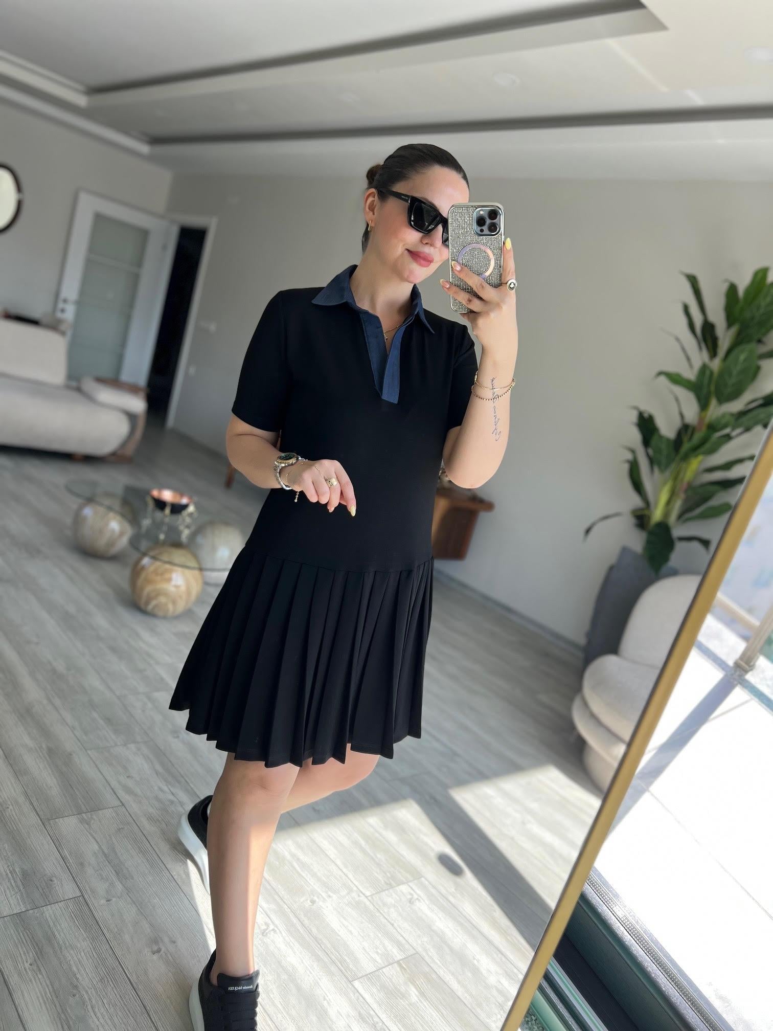 Kot Yaka Pileli Elbise SİYAH
