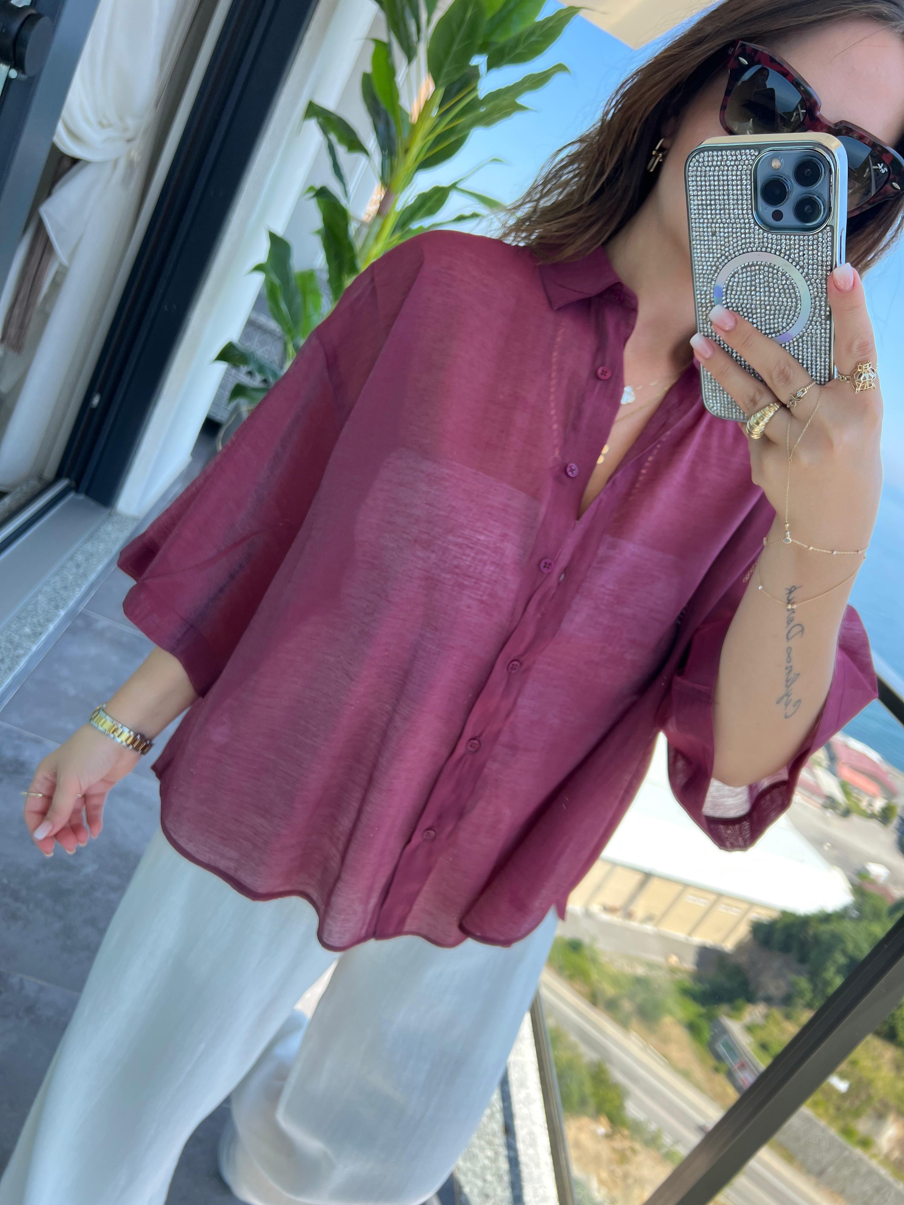 Owersize Kısa Kollu Gömlek BORDO