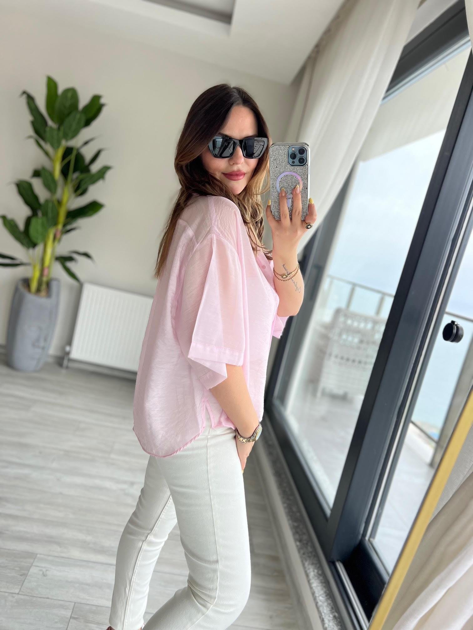 Owersize Kısa Kollu Gömlek PEMBE