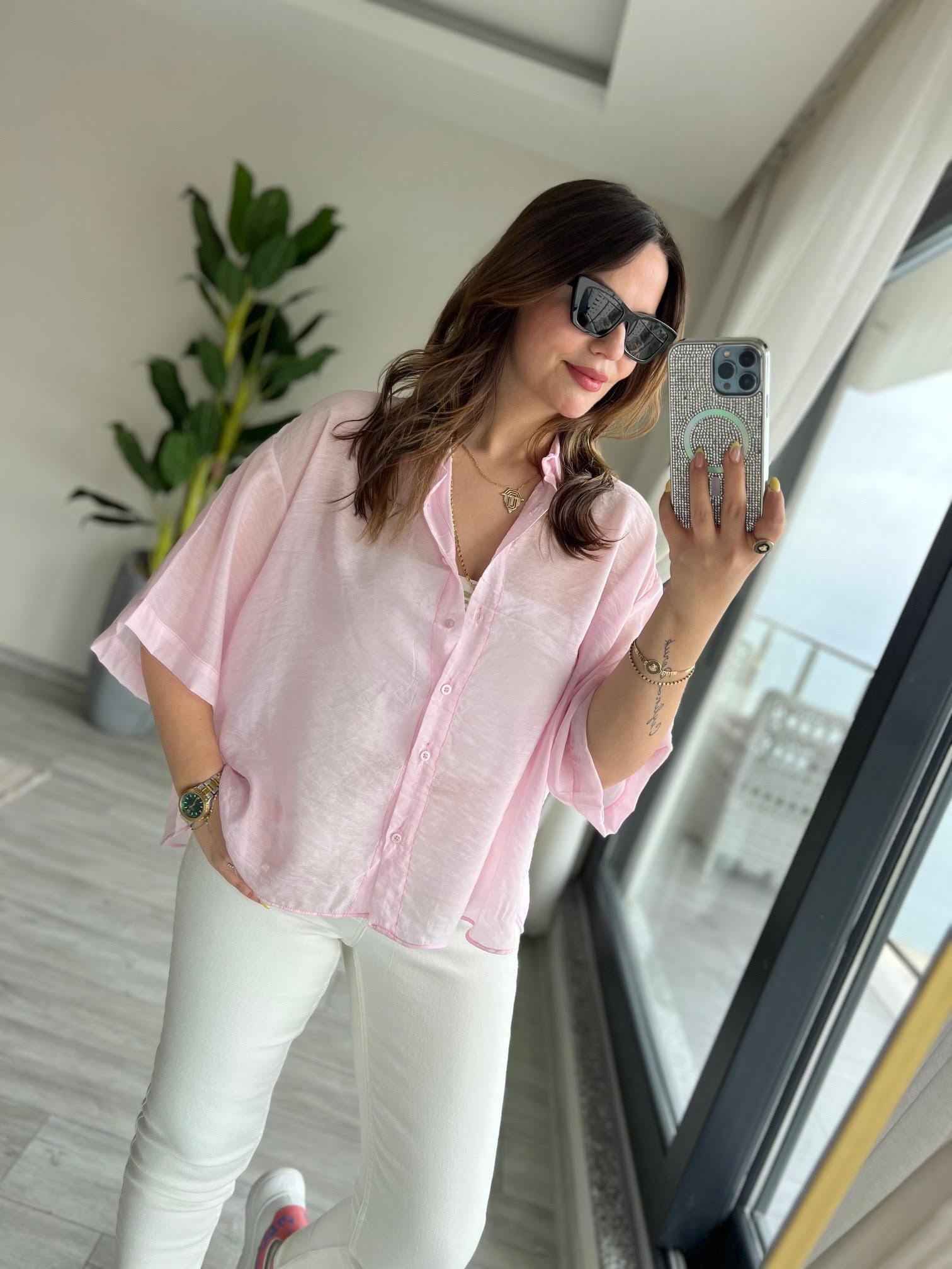 Owersize Kısa Kollu Gömlek PEMBE