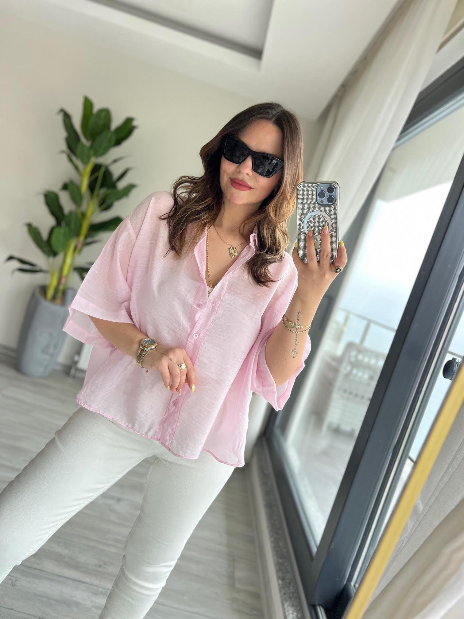 Owersize Kısa Kollu Gömlek PEMBE