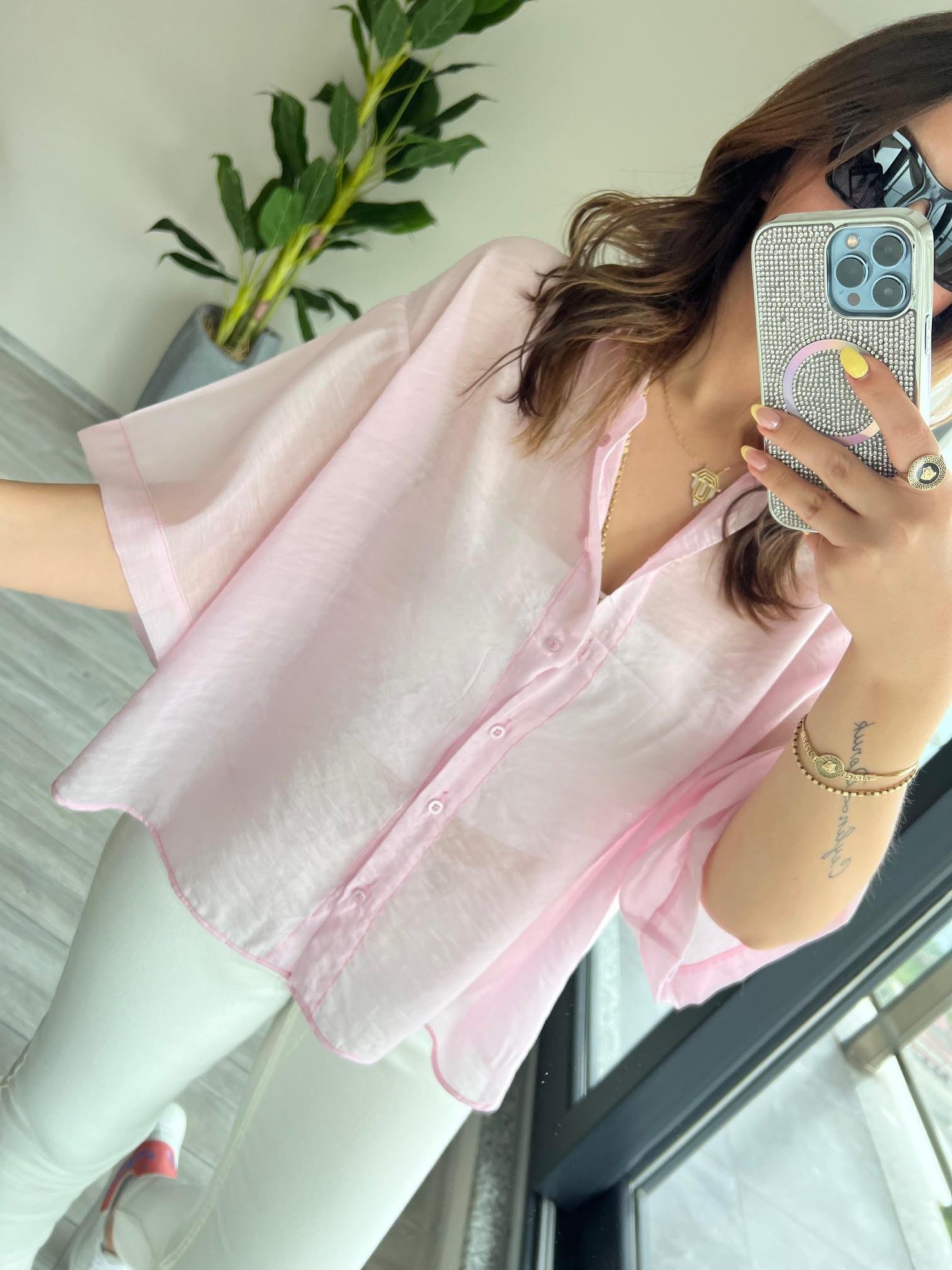 Owersize Kısa Kollu Gömlek PEMBE