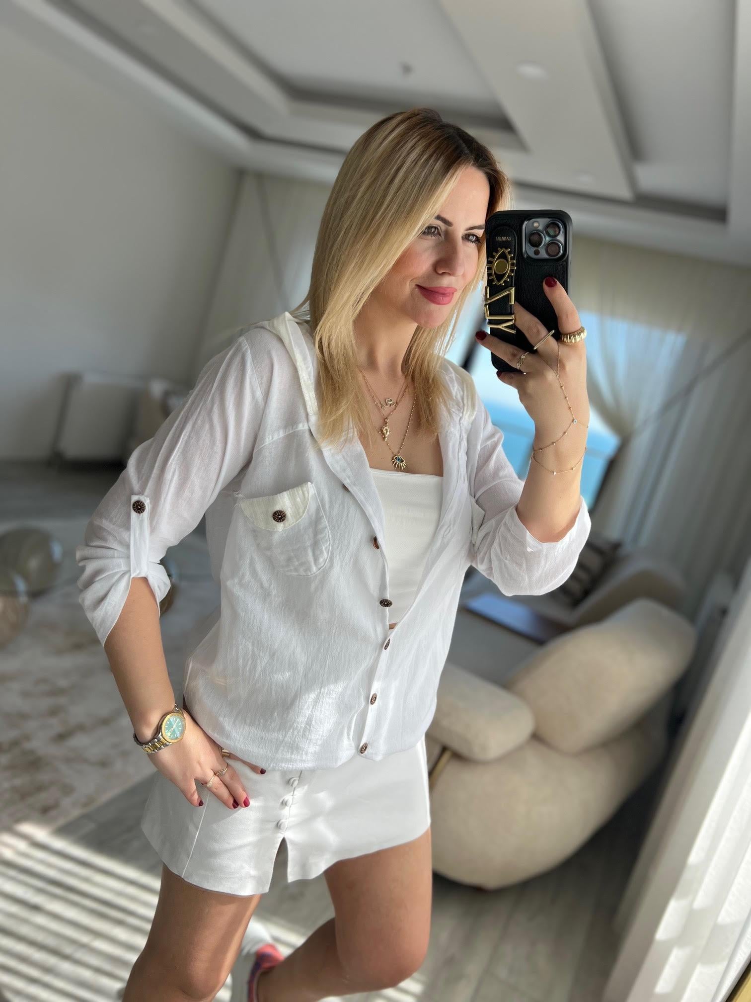 Pullu Uzun Kol Keten Gömlek