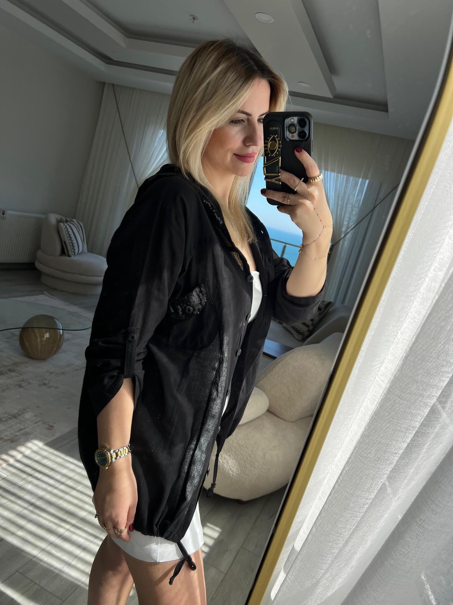 Pullu Uzun Kol Keten Gömlek