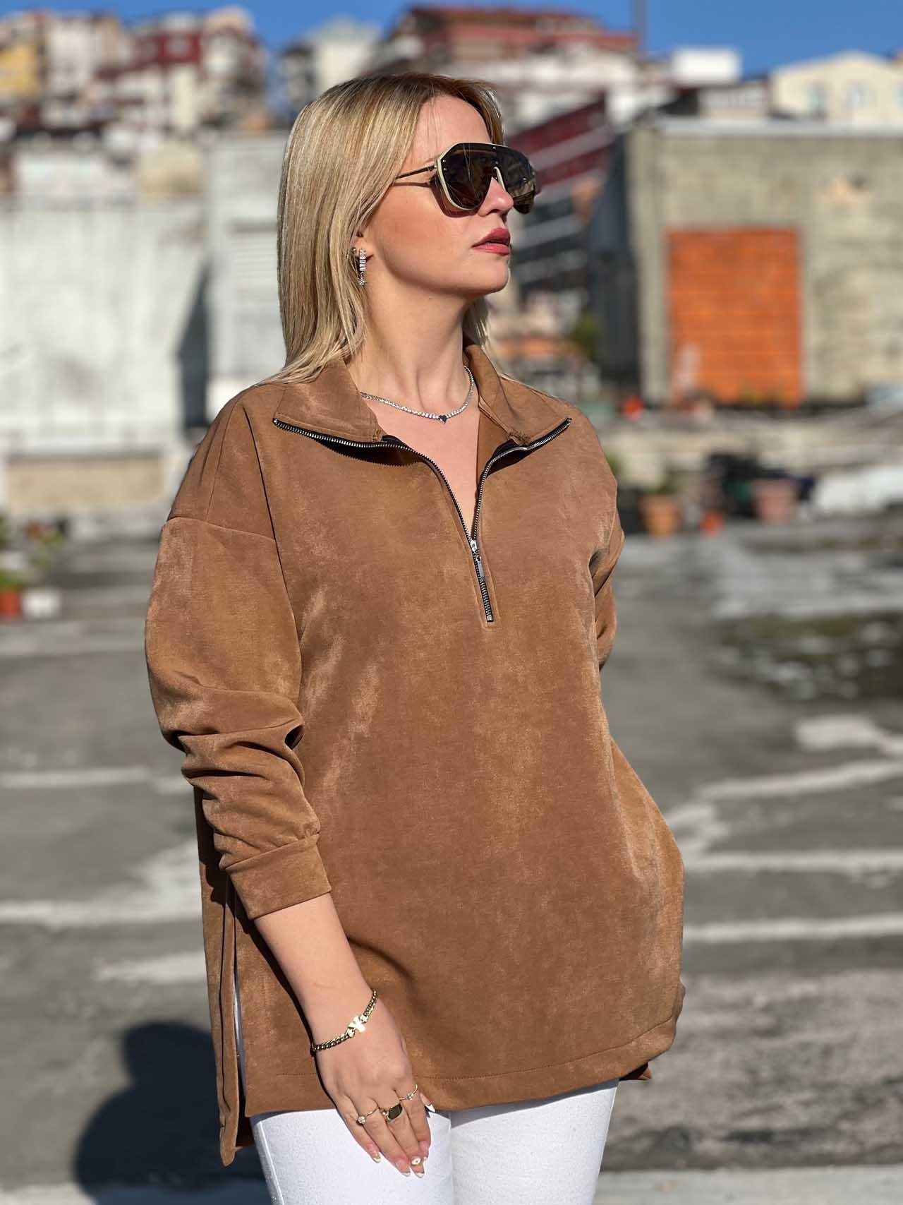 Scuba Kumaş Fermuarlı Yırtmaçlı Sweat KAHVE