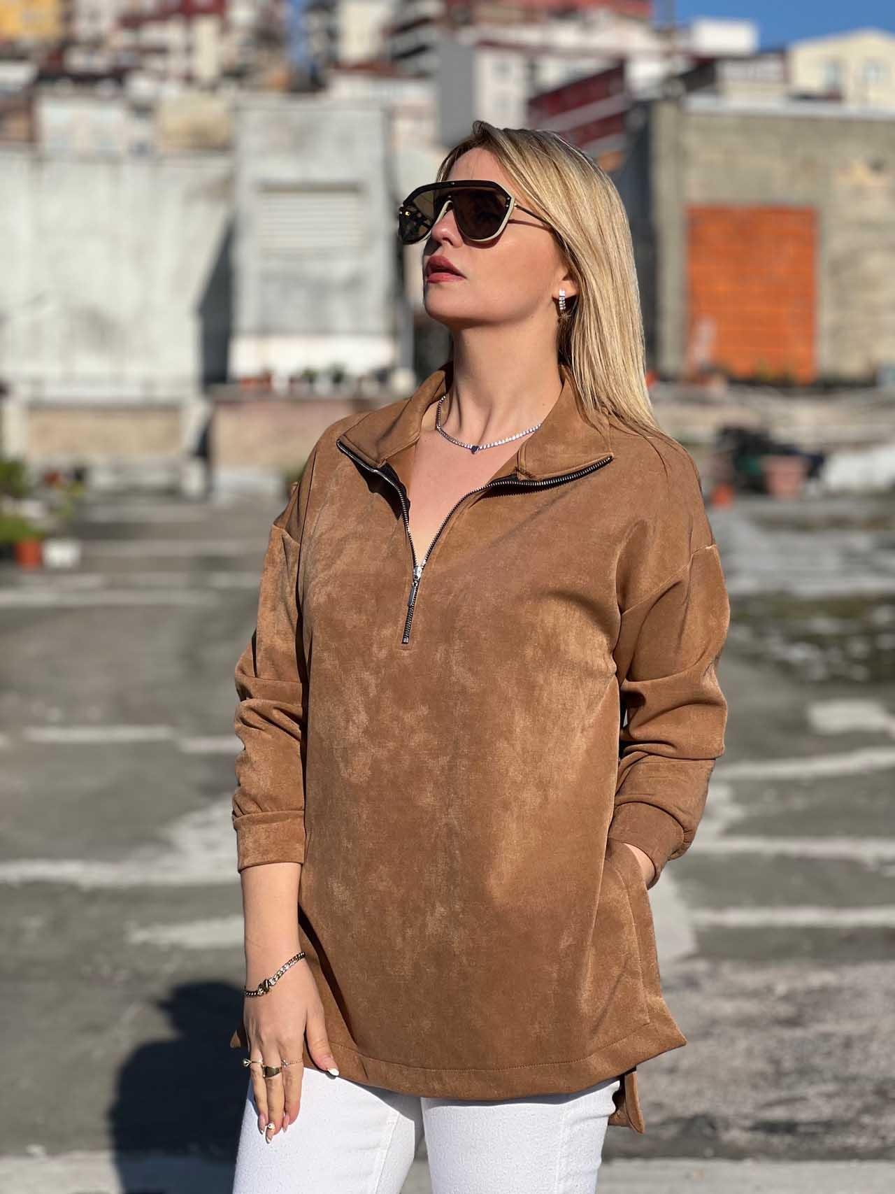 Scuba Kumaş Fermuarlı Yırtmaçlı Sweat KAHVE