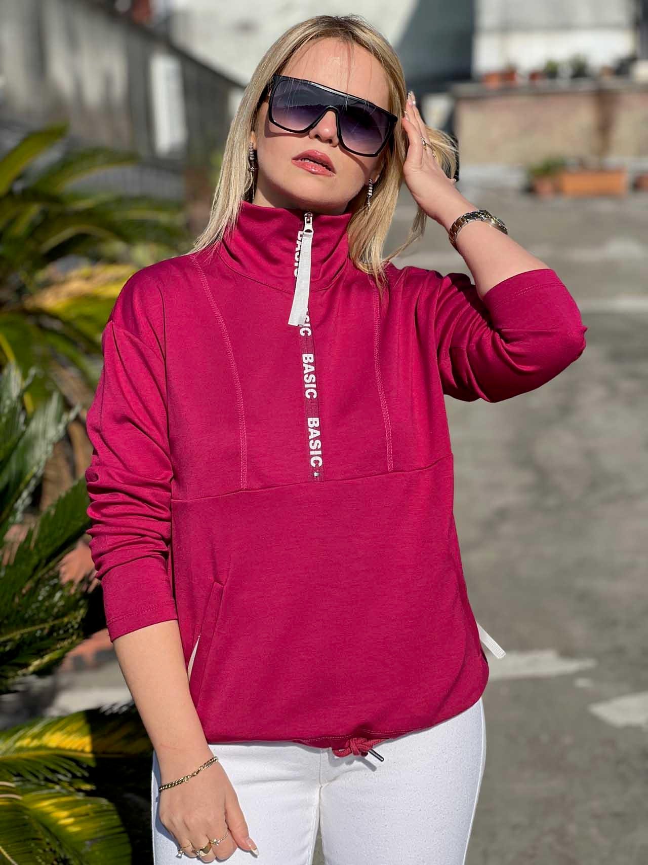 Scuba Kumaş Yarım Fermuar Sweat FUŞYA