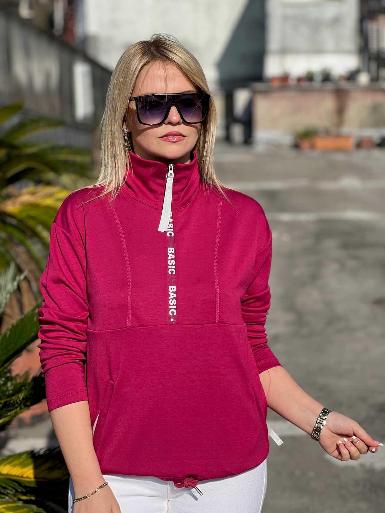 Scuba Kumaş Yarım Fermuar Sweat FUŞYA