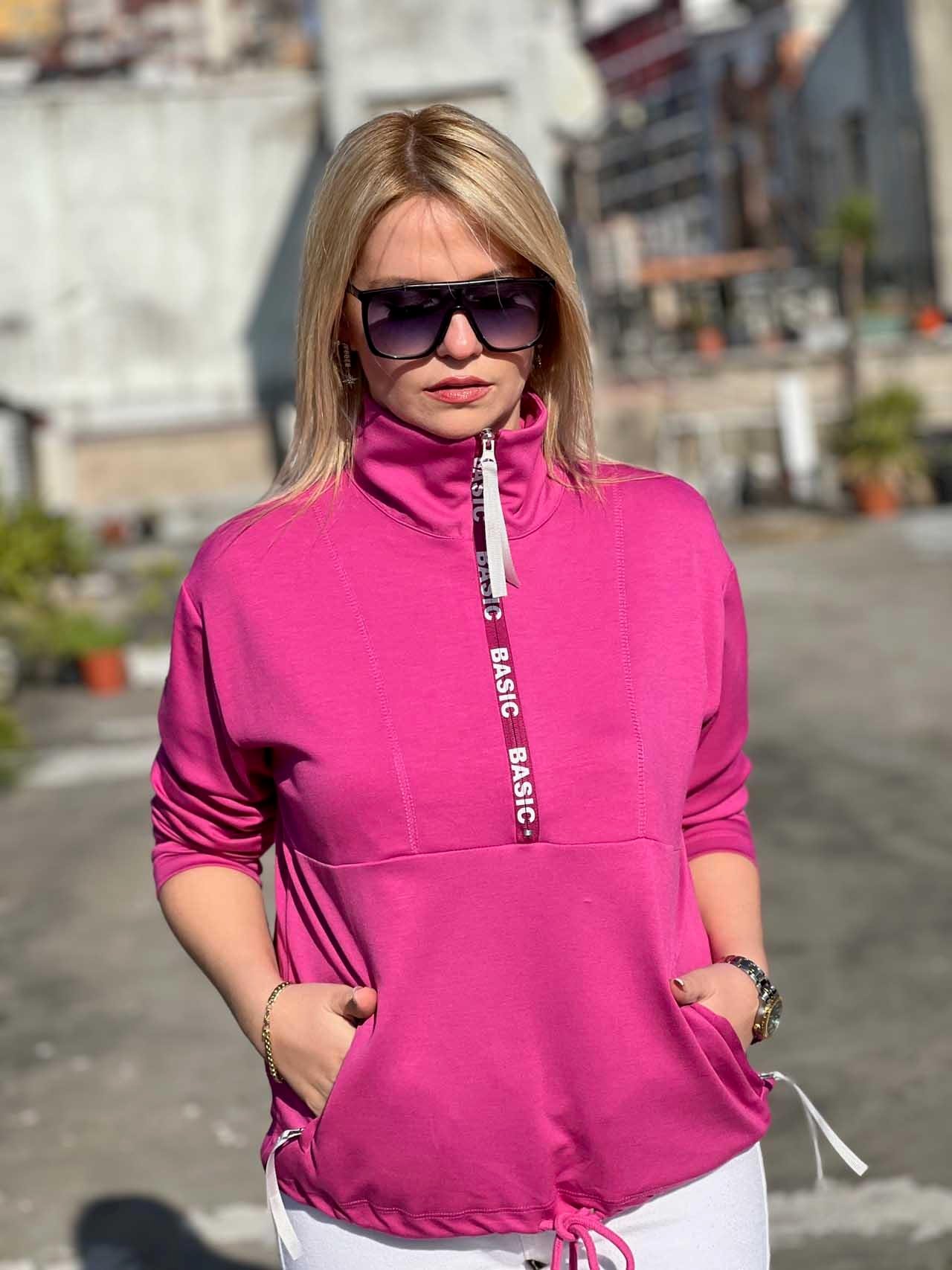 Scuba Kumaş Yarım Fermuar Sweat PEMBE