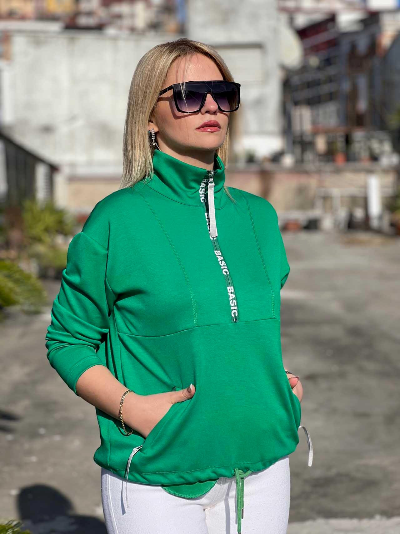 Scuba Kumaş Yarım Fermuar Sweat YEŞİL