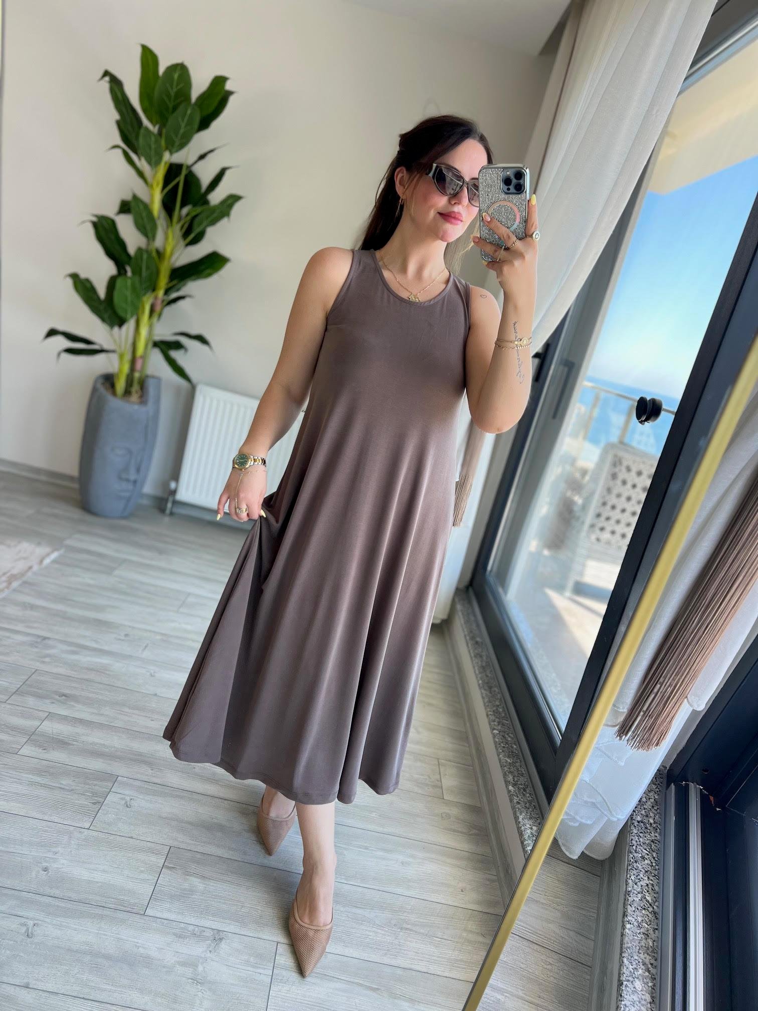 Sıfır Kollu Modal Elbise KAHVE