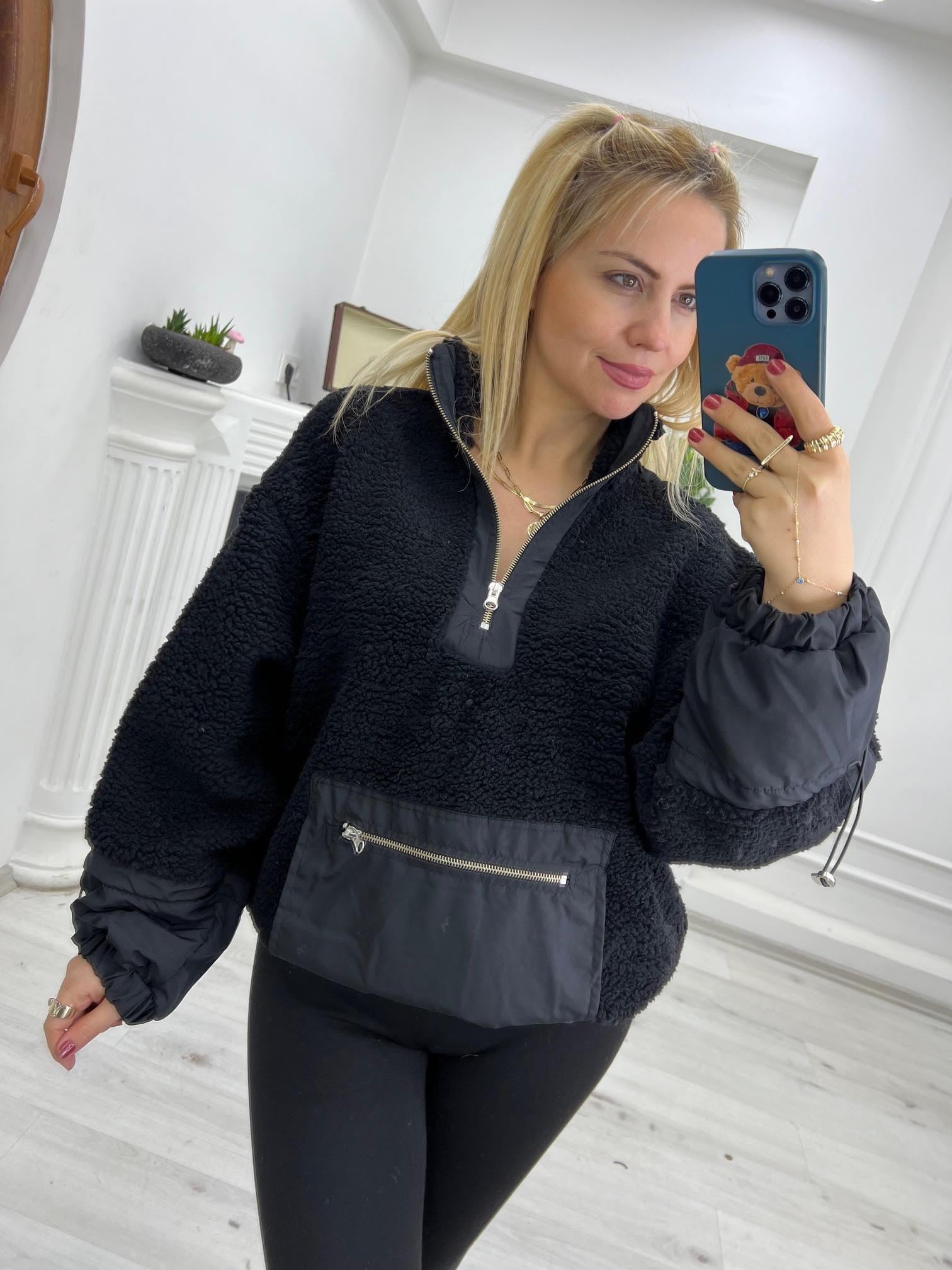 Teddy Yarım Fermuarlı Sweat SİYAH
