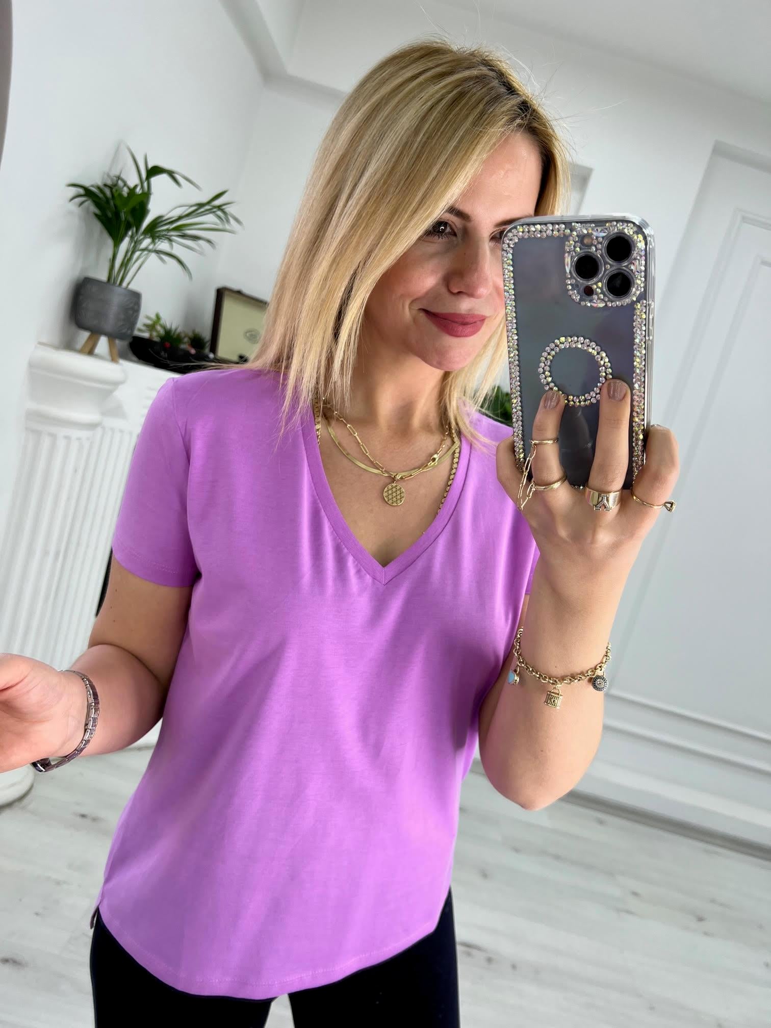 V Yakalı Tshirt LİLA
