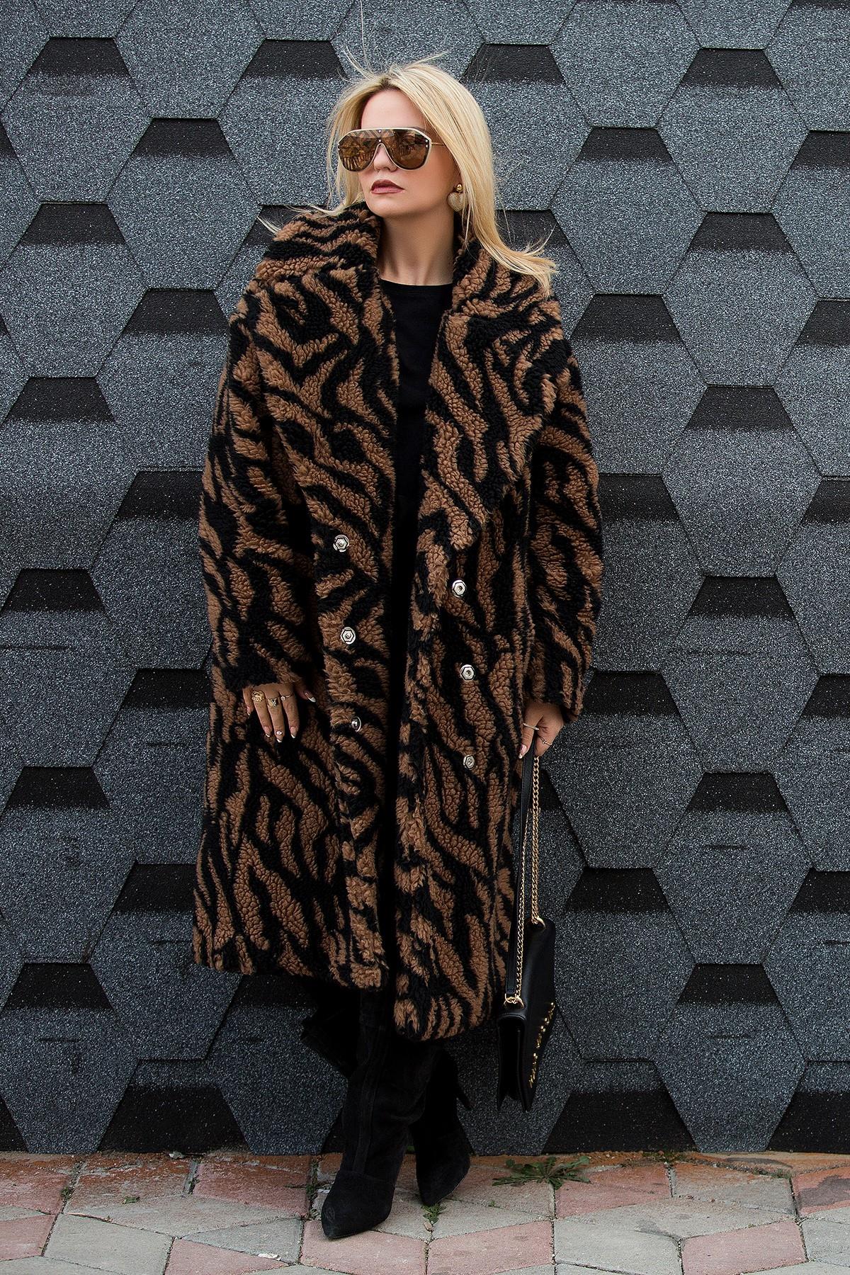Zebra Desen Peluş Mont KARAMEL