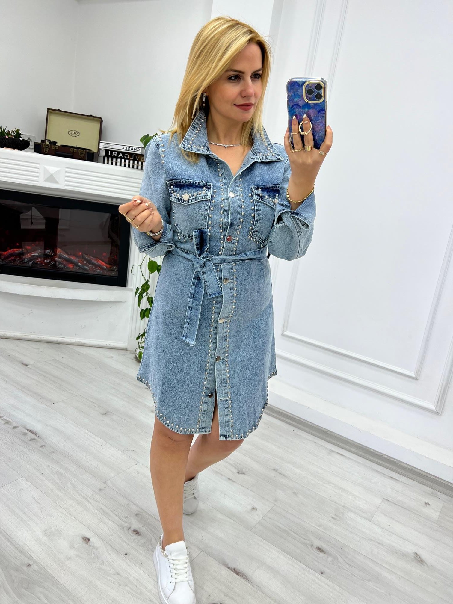 Zımba Detay Kemerli Kot Elbise BUZ MAVİSİ