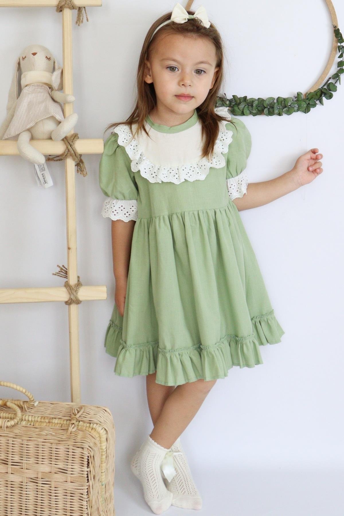 Parla Kids Kız Bebek Ruby Yeşil Fırfırlı Dantel Detaylı Kısa Kollu Elbise Bandana Takım ELB-0070.7,  – Parla Kids resmi ürün görseli