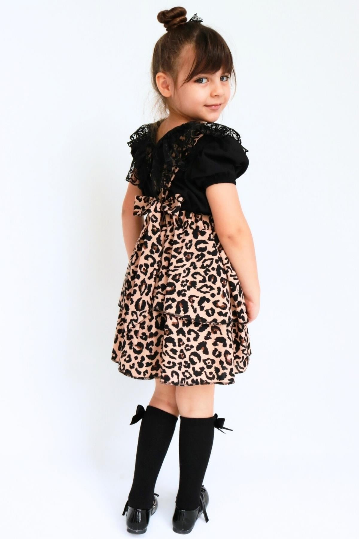 Parla Kids Kız Çocuk Helen Leopar Askılı Kat Kat Bağlama Detaylı Jile Elbise Dantel Bluz Takım, Elbise – Parla Kids resmi ürün görseli