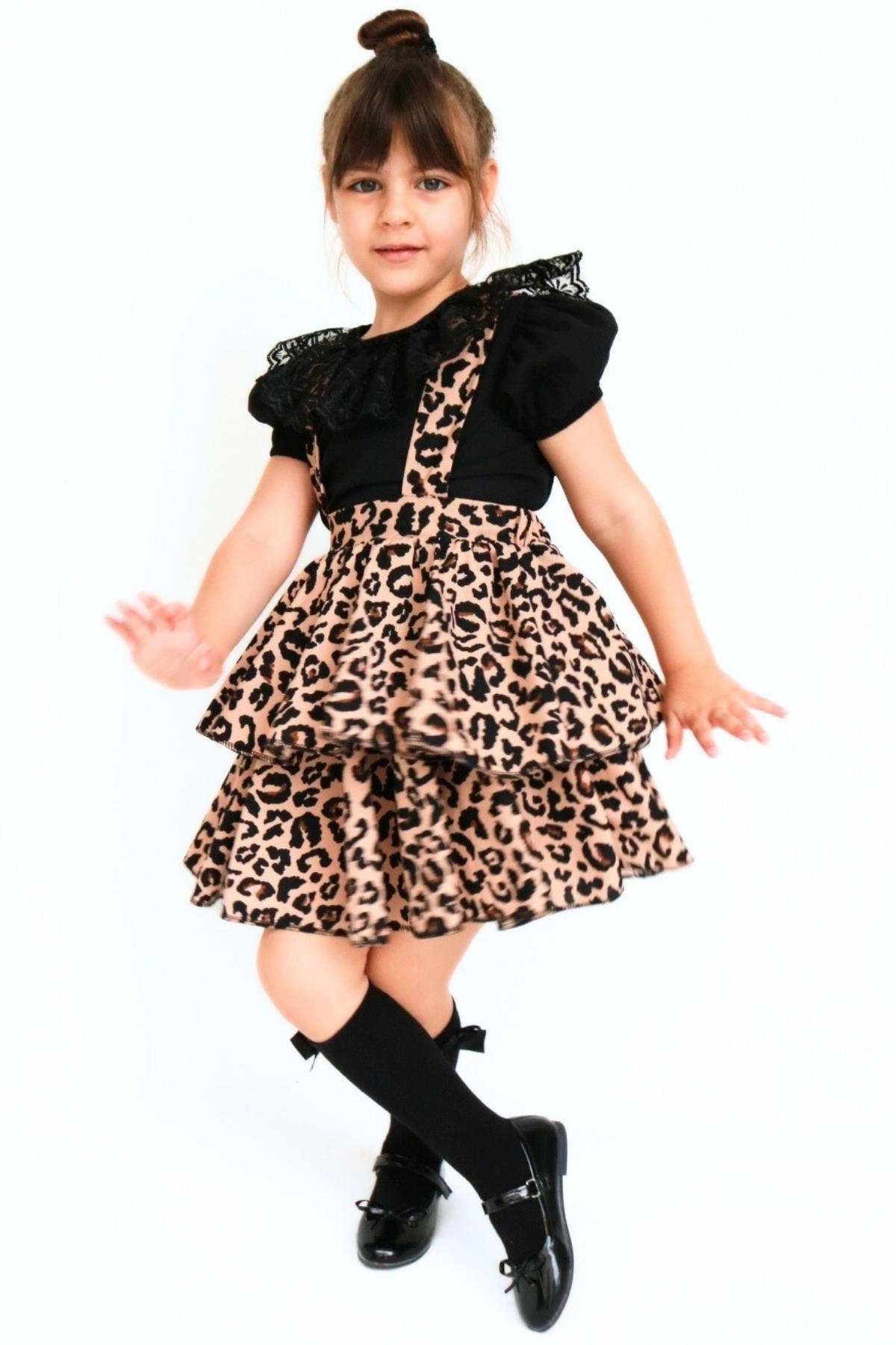 Parla Kids Kız Çocuk Helen Leopar Askılı Kat Kat Bağlama Detaylı Jile Elbise Dantel Bluz Takım, Elbise – Parla Kids resmi ürün görseli