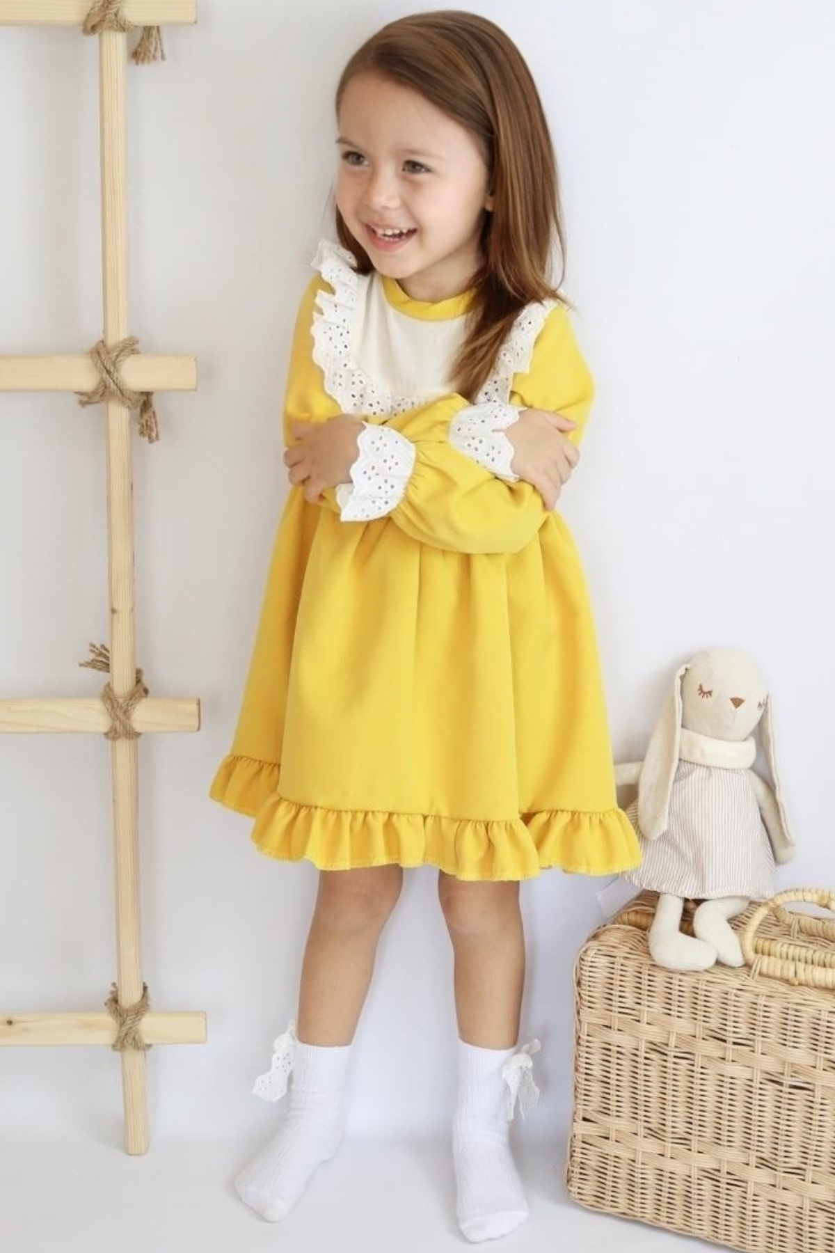 Parla Kids Kız Çocuk Ruby Sarı Uzun Kollu Dantel Detaylı Fırfırlı Elbise, Elbise – Parla Kids resmi ürün görseli