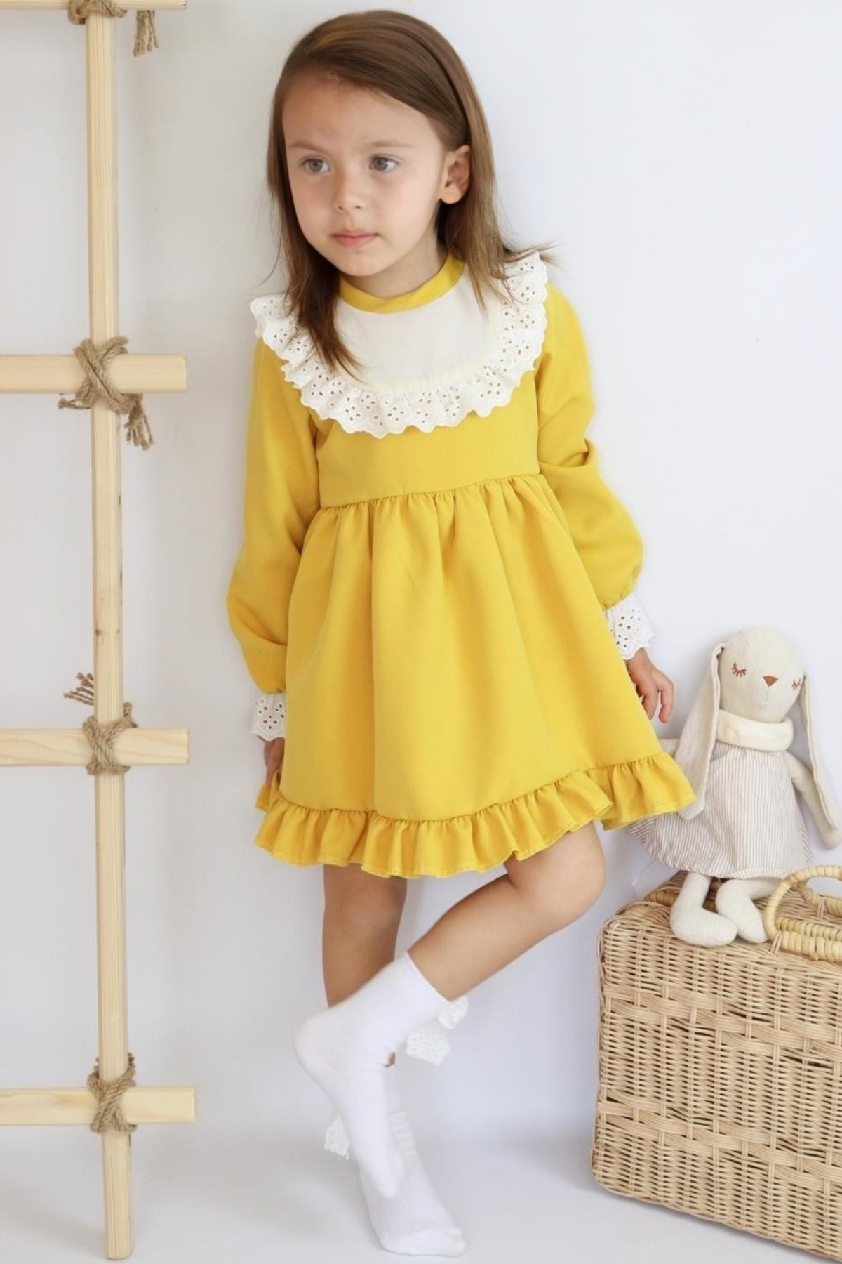 Parla Kids Kız Çocuk Ruby Sarı Uzun Kollu Dantel Detaylı Fırfırlı Elbise, Elbise – Parla Kids resmi ürün görseli
