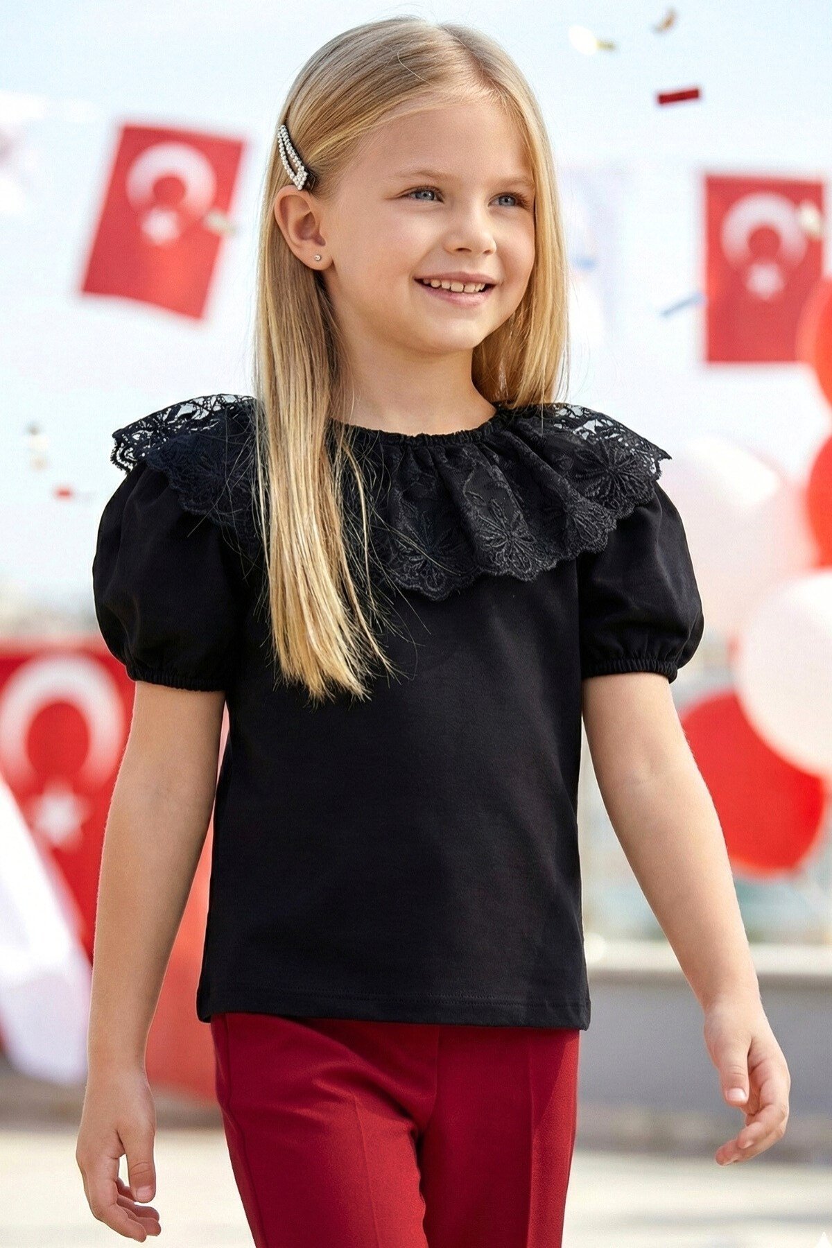 Parla Kids Kız Çocuk Siyah Bisiklet Yaka Dantelli Kısa Kol Abiye Bluz Gömlek, Body/Bluz – Parla Kids resmi ürün görseli