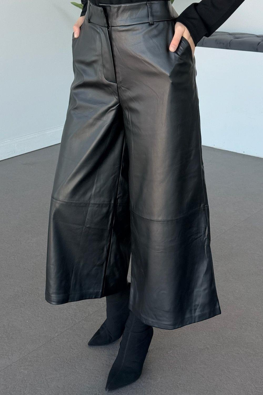 İglo Bol Paça Deri Pantolon Siyah 10025 