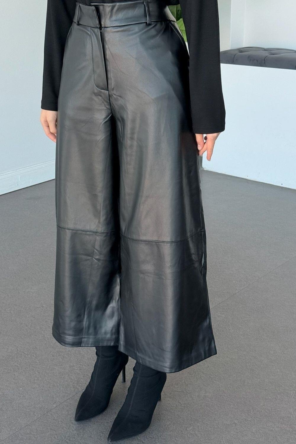 İglo Bol Paça Deri Pantolon Siyah 10025 