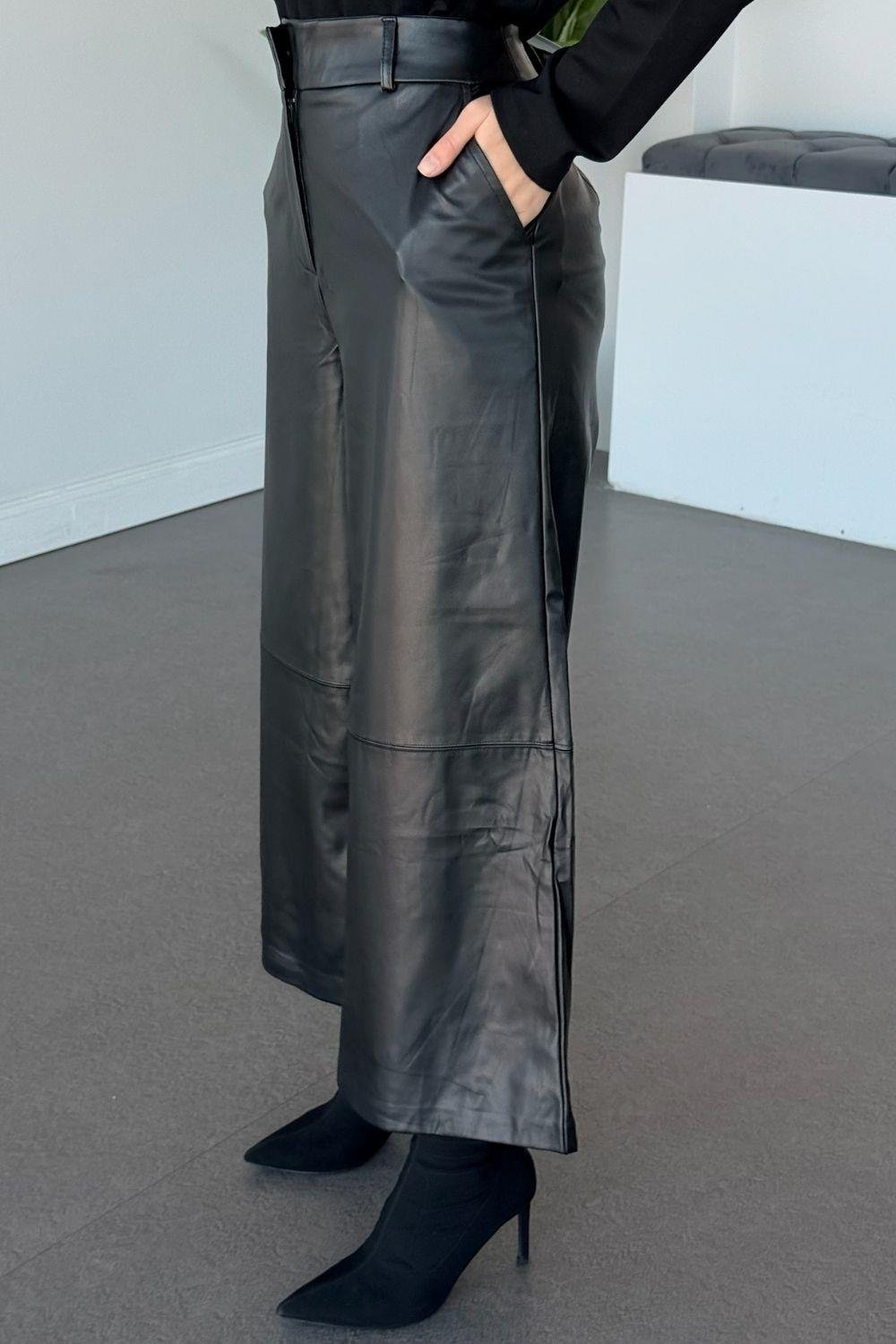 İglo Bol Paça Deri Pantolon Siyah 10025 