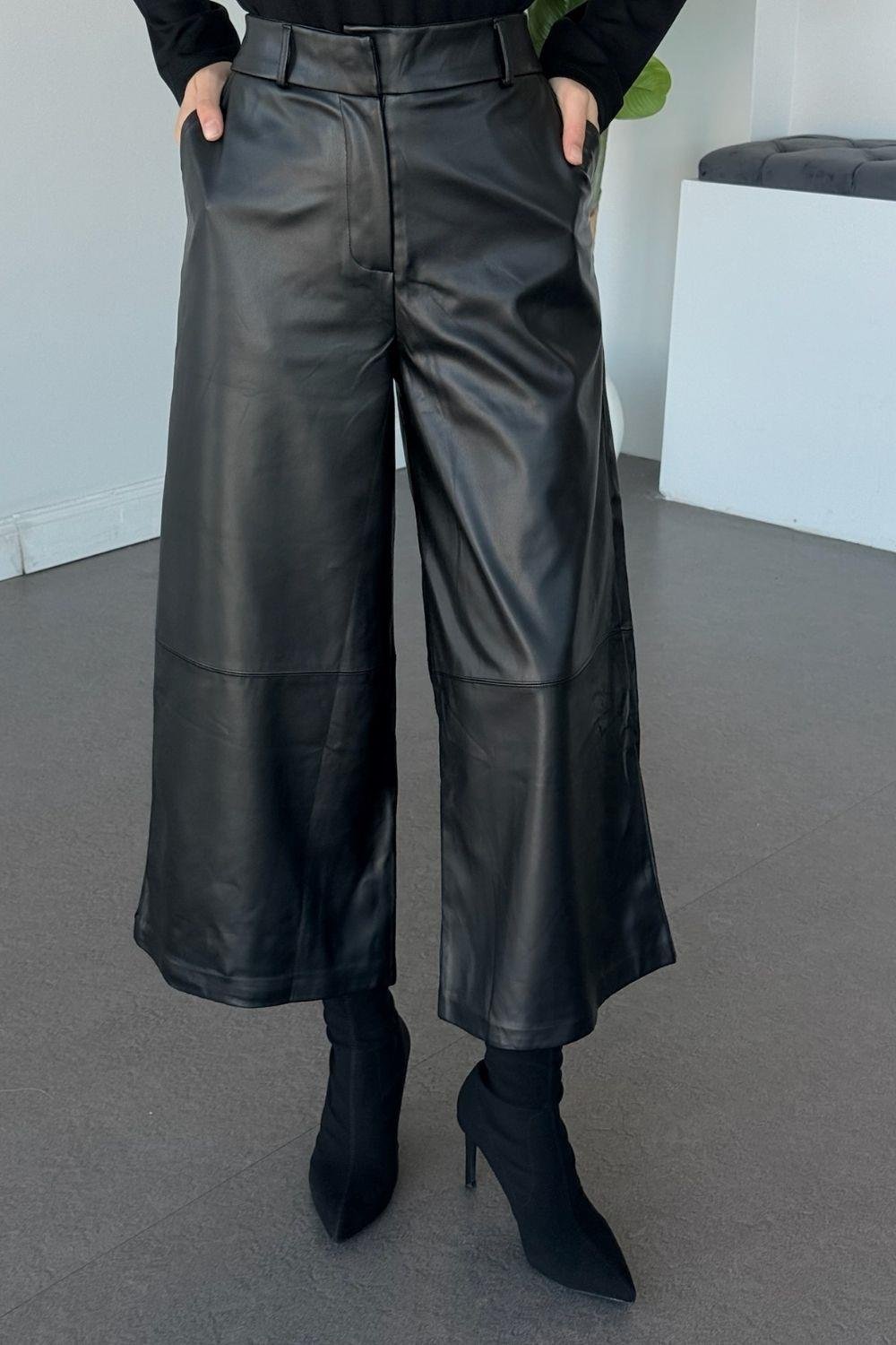 İglo Bol Paça Deri Pantolon Siyah 10025 