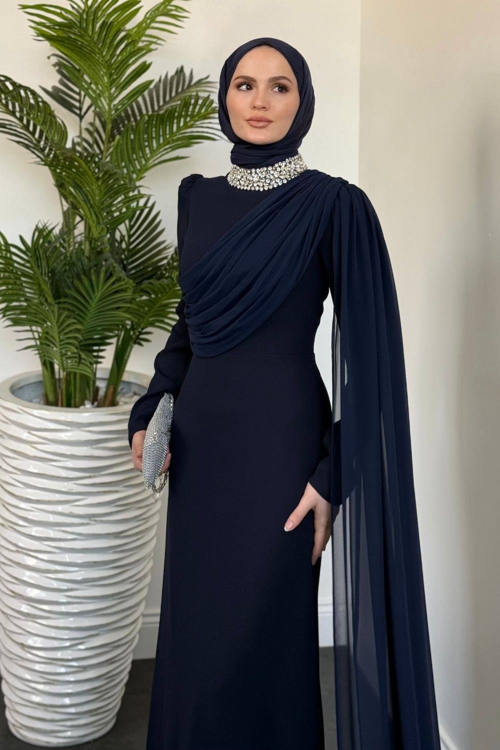 Olara Yandan Pelerinli Abiye Lacivert 10032 