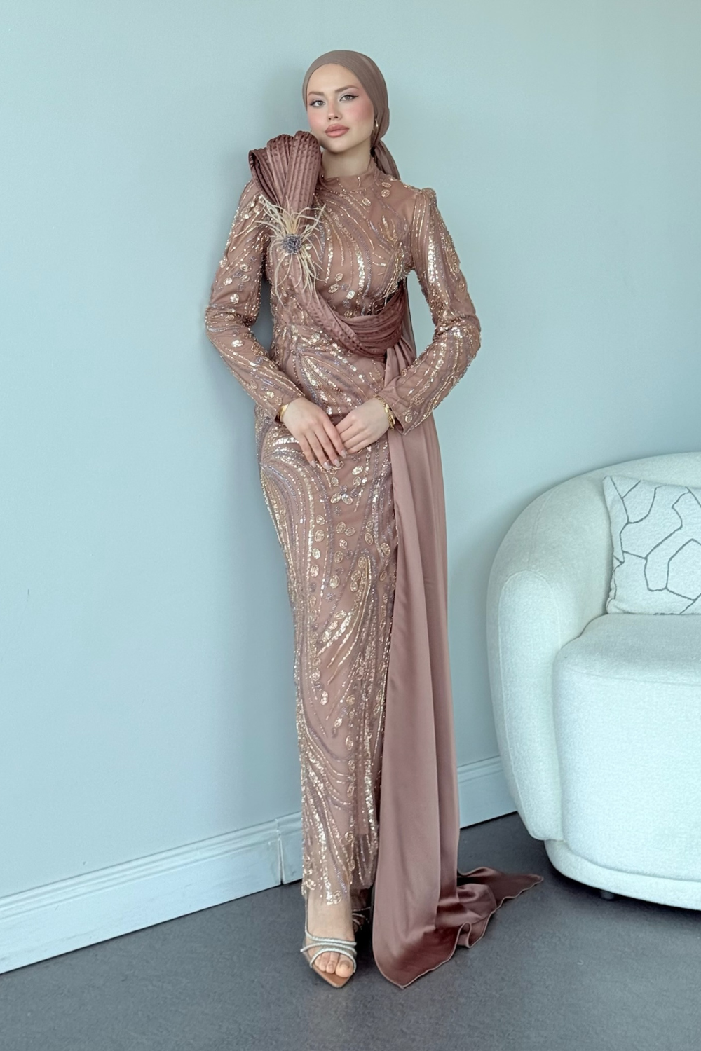 Lale Kristal Drapeli Abiye Camel 10033 