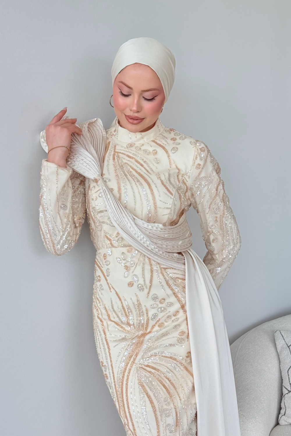 Lale Kristal Drapeli Abiye Ekru 10033 