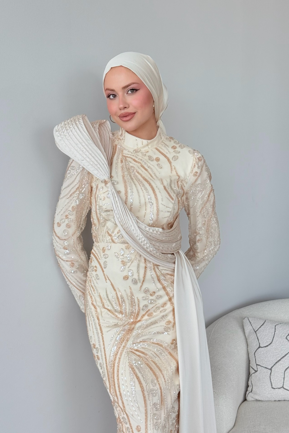 Lale Kristal Drapeli Abiye Ekru 10033 