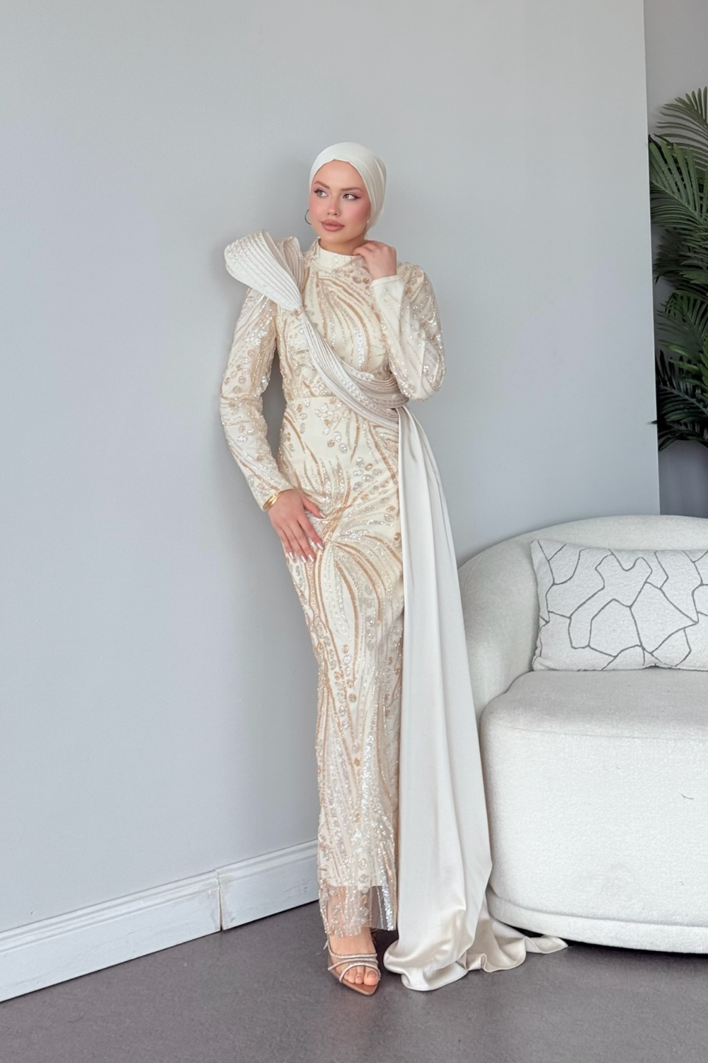 Lale Kristal Drapeli Abiye Ekru 10033 