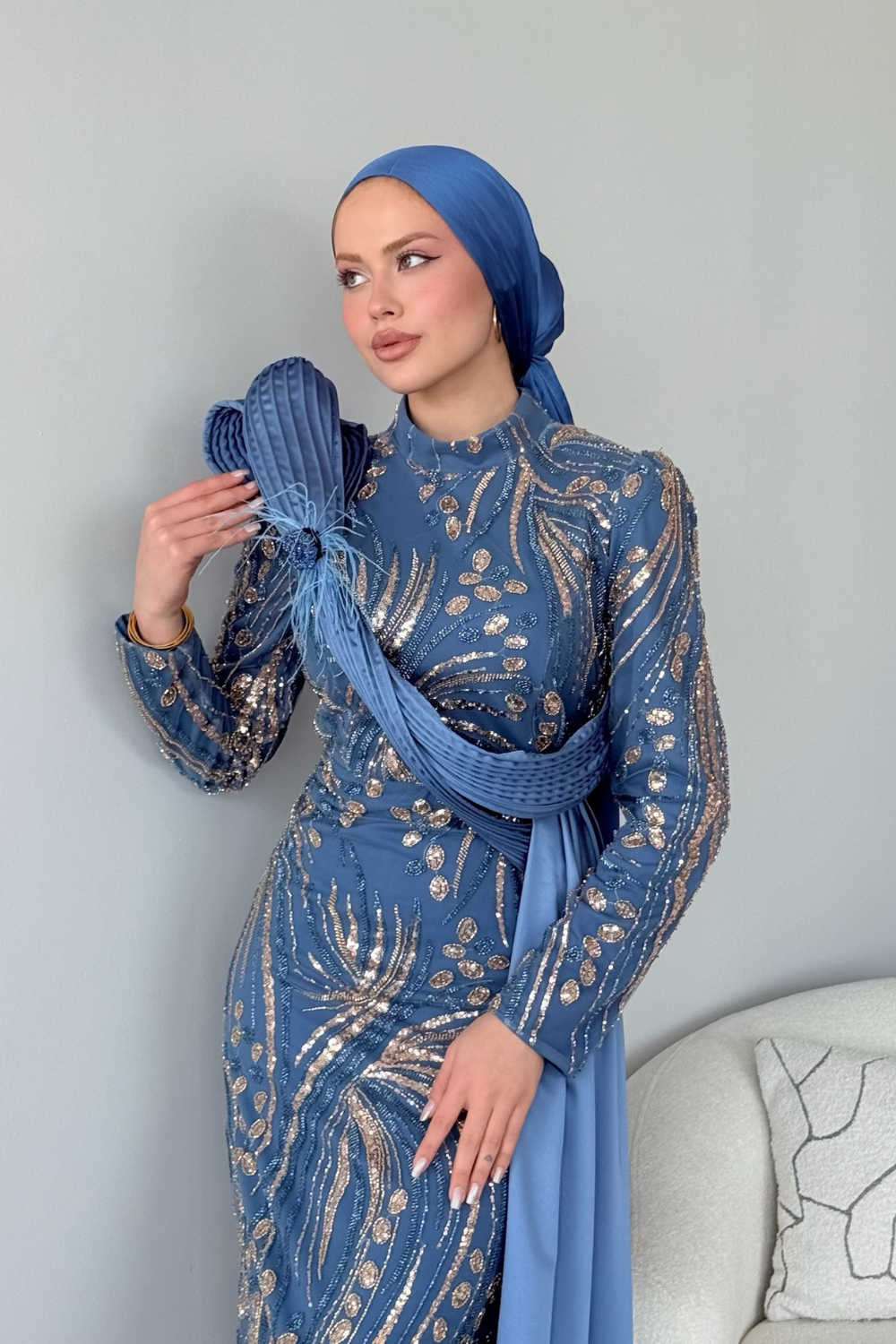Lale Kristal Drapeli Abiye İndigo 10033 