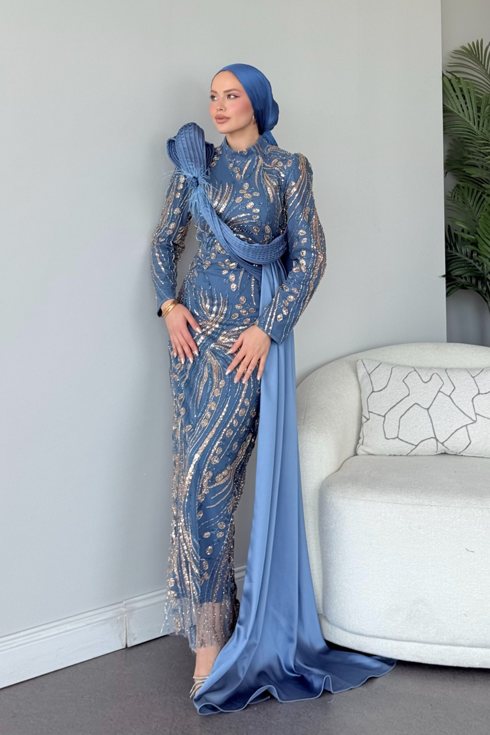 Lale Kristal Drapeli Abiye İndigo 10033 