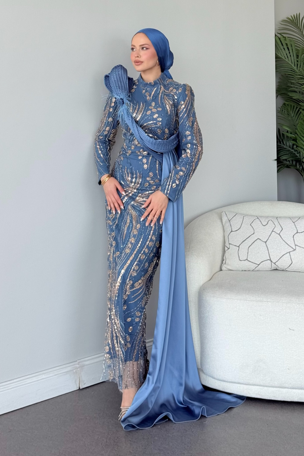 Lale Kristal Drapeli Abiye İndigo 10033 