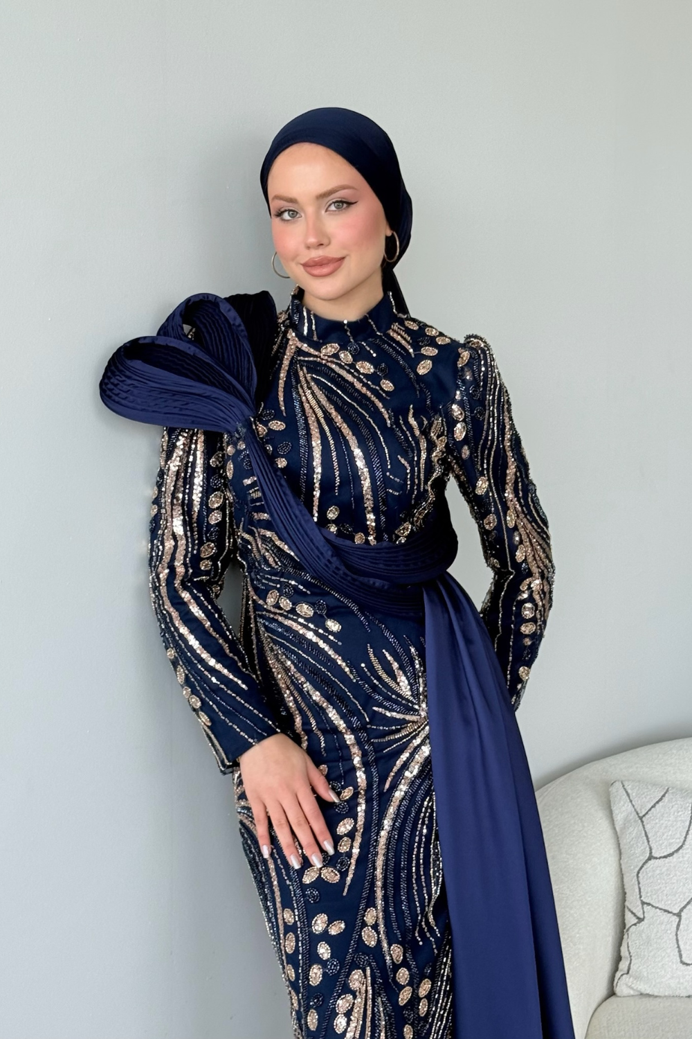 Lale Kristal Drapeli Abiye Lacivert 10033 