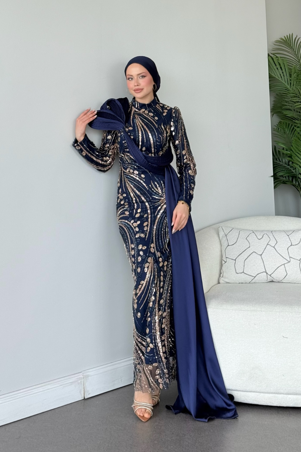 Lale Kristal Drapeli Abiye Lacivert 10033 