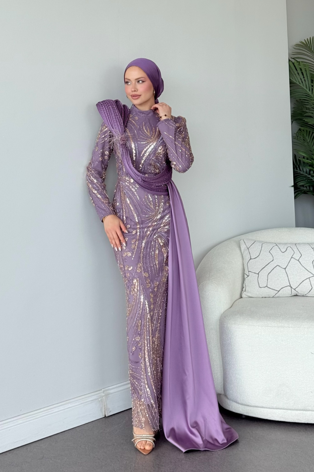 Lale Kristal Drapeli Abiye Mor 10033 