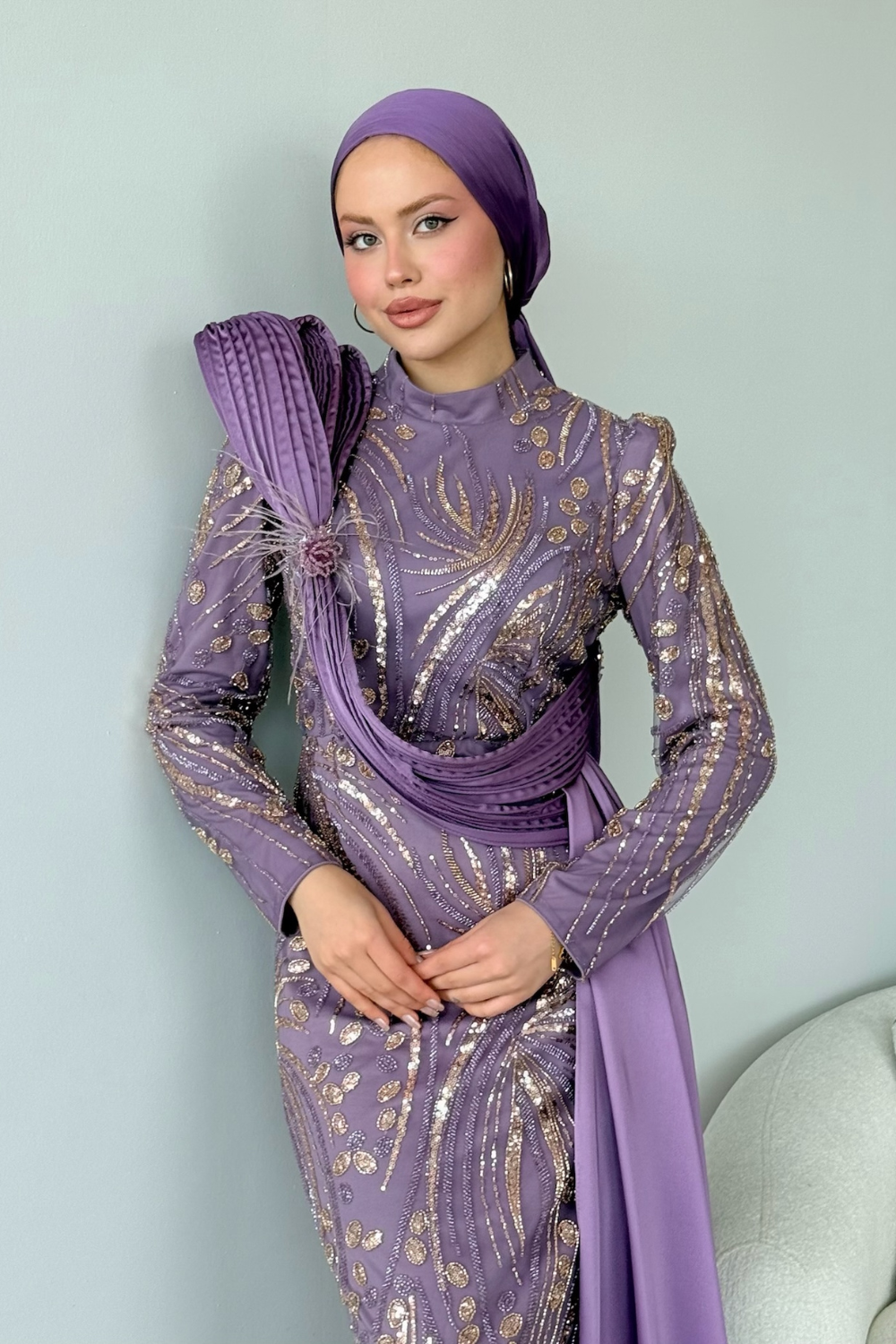 Lale Kristal Drapeli Abiye Mor 10033 