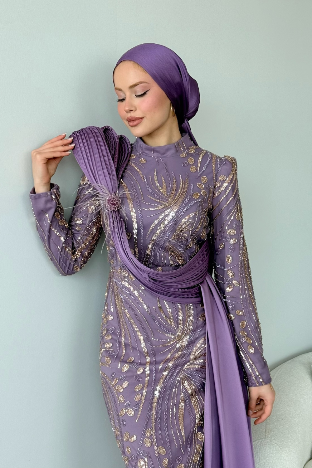 Lale Kristal Drapeli Abiye Mor 10033 