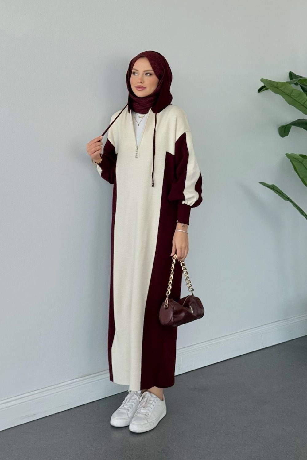 Samira Kapüşonlu Spor Triko Elbise Bordo 10035 