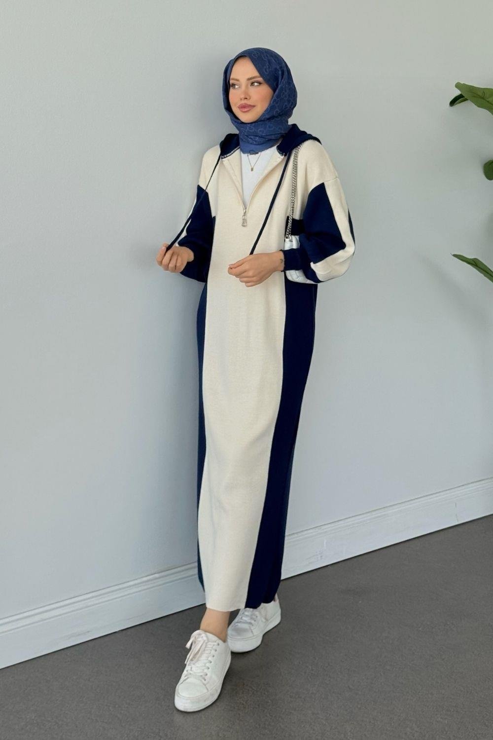 Samira Kapüşonlu Spor Triko Elbise Lacivert 10035 