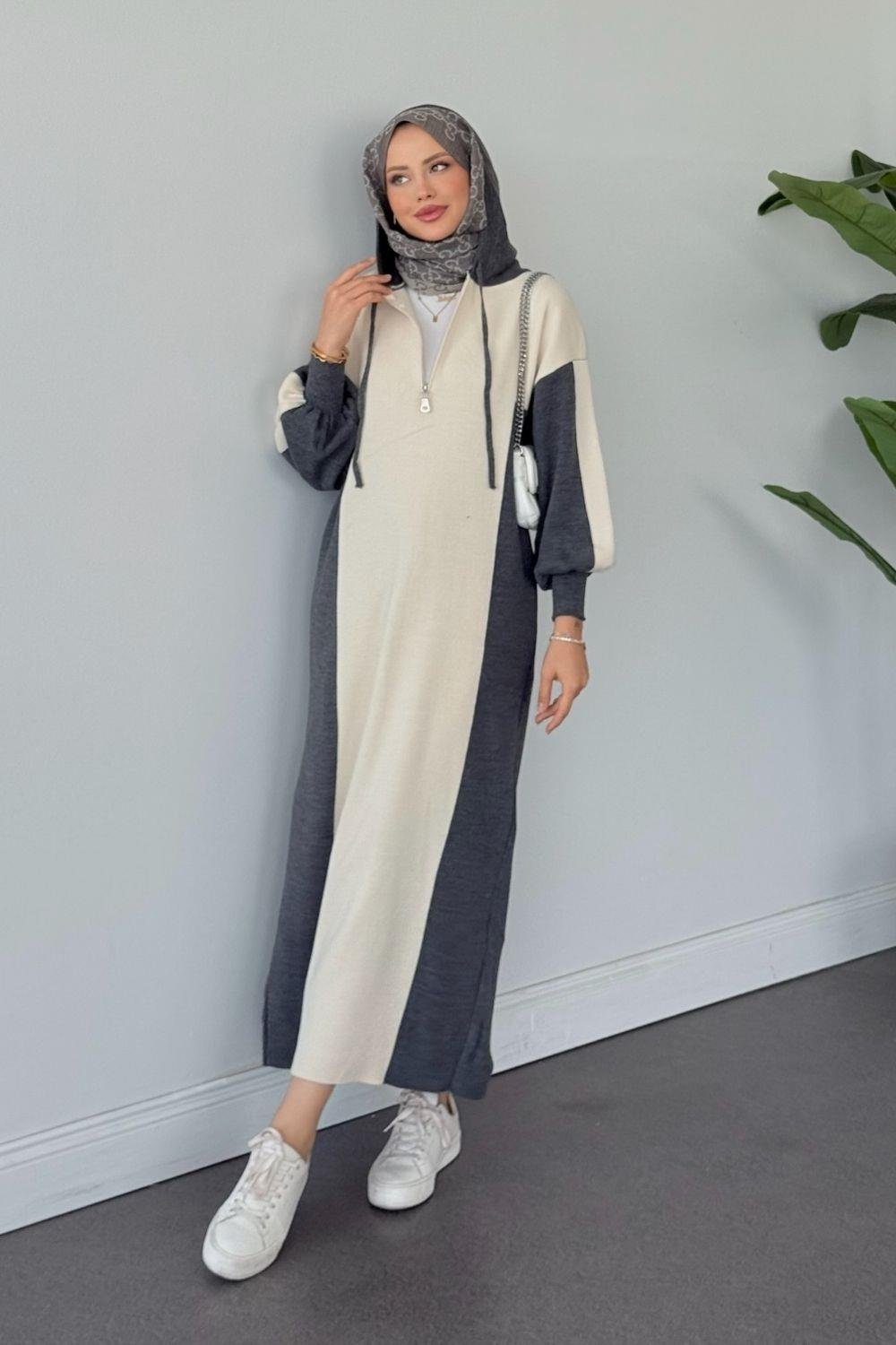 Samira Kapüşonlu Spor Triko Elbise Füme 10035 