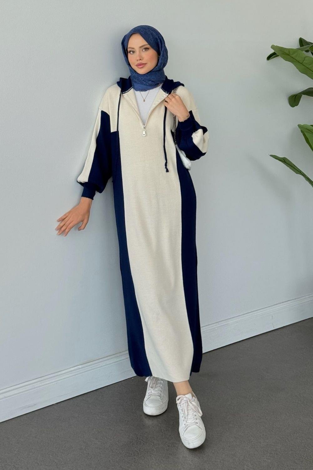 Samira Kapüşonlu Spor Triko Elbise Lacivert 10035 