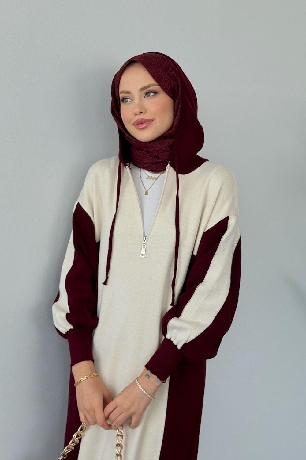 Samira Kapüşonlu Spor Triko Elbise Bordo 10035 