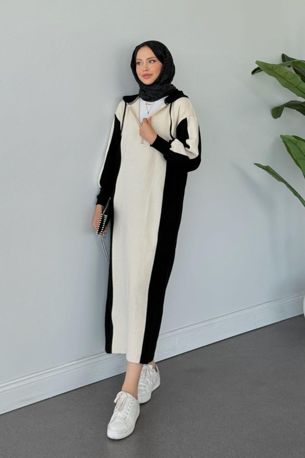 Samira Kapüşonlu Spor Triko Elbise Siyah 10035 