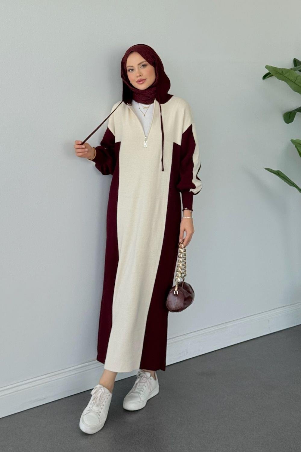 Samira Kapüşonlu Spor Triko Elbise Bordo 10035 